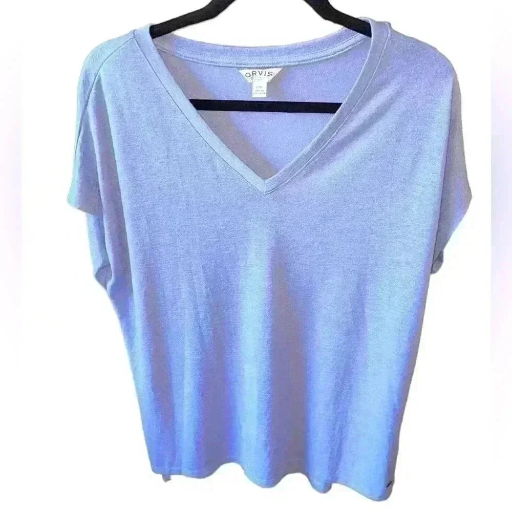 Women’s Orvis large blue V Neck lightweight sweater. Cap sleeve,side slits. EUC